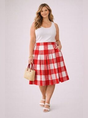 Talbots Plus Red and White Gingham Pleated Skirt Cotton Pockets Stretch 14W